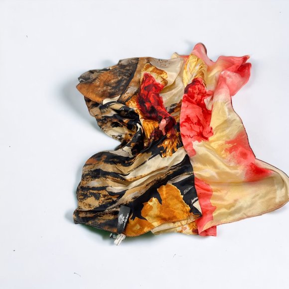 Boutique Silk Blend Multi Color Brown Yellow Red Abstract Print Scarf - Picture 8 of 8